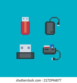 Pixel art usb flash drive, card reader and external storage device, vector 8 bit icon set on light blue background. Video game 8-bit sprite isolated