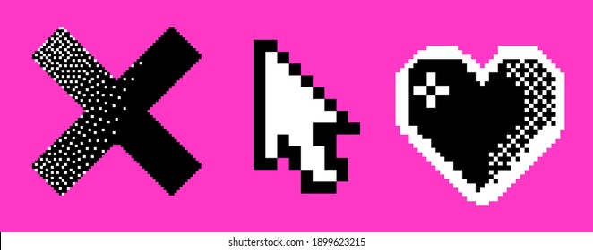 Pixel art user interface elements: heart, cursor and cross. Vaporwave and retrowave style graphics like in old computer games of the 90's.