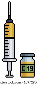 Pixel Art Vaccine Covid 19 Syringe And Ampoule Icon For 8bit Game On White Background
