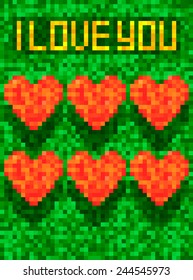 Pixel art Valentine card. Pixel game lives. Hearts. I Love You. Vector