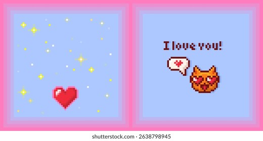Pixel art Valentine cards with cute emoticon cat face and red heart on gradient background - retro 8 bit style love message with sparkles. Pink and blue pastel frames for romantic gaming greeting