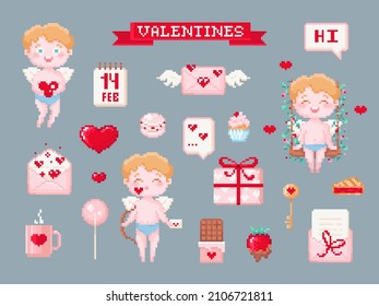 Pixel art Valentine day elements clip art pack. 8 bit vintage video game style decorations set like cupid boy, gift, cupcake, chat, chocolate, romantic speech, Vector pixel art cute collection.	