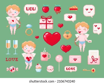 Pixel art Valentine day elements clip art pack. 8 bit vintage gamer style decorations set like cupid in panties, candy, ring, lock, bow, arrows and letters. Vector 14 February cute set.	