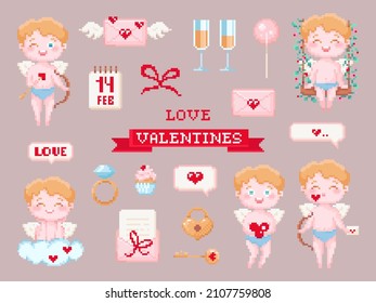 Pixel Art Valentine Day Elements Clip Art Pack. 8 Bit Vintage Video Game Style Decorations Set Like Angel Cupid Boy, Message, Kiss, Letter, Sparkling Champagne, Heart, Vector Pixel Art Cute Stuff	