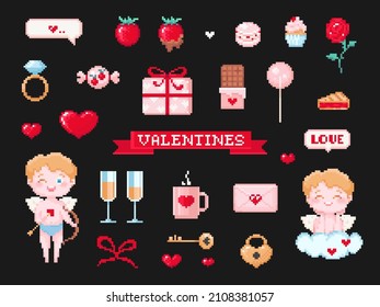 Pixel art Valentine day elements clip art pack. 8 bit vintage game style decorations set like angel lover, valentine text label, dessert, cale, chocolate, key, lock,decor. Vector pixel art cute kit	