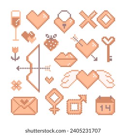 Pixel art Valentine day elements set