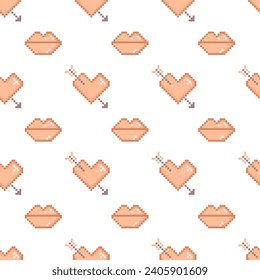 Pixel art Valentine day seamless pattern with lips and hearts