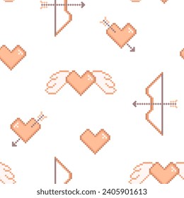 Pixel art Valentine day seamless pattern with arbalest and hearts