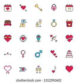 Pixel art Valentine day vector icon set. Sign for web, mobile design and 8 bit games. Vector illustration. Valentine day, love, wedding symbol.