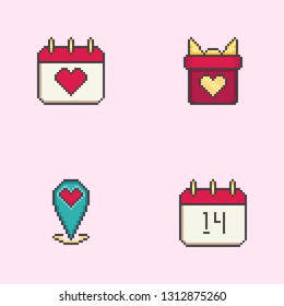 Pixel art Valentine day vector icon set. Sign for web, mobile design and 8 bit games. Vector illustration. Valentine day, love, wedding symbol.