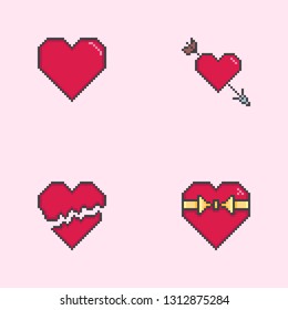 Pixel art Valentine day vector icon set. Sign for web, mobile design and 8 bit games. Vector illustration. Valentine day, love, wedding symbol.