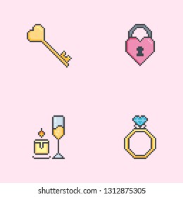 Pixel art Valentine day vector icon set. Sign for web, mobile design and 8 bit games. Vector illustration. Valentine day, love, wedding symbol.