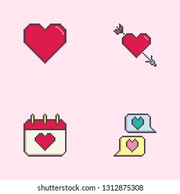 Pixel art Valentine day vector icon set. Sign for web, mobile design and 8 bit games. Vector illustration. Valentine day, love, wedding symbol.