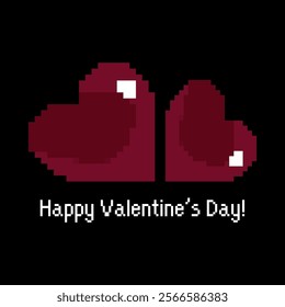 Pixel art valentine design with two red hearts in a 8-bit retro gaming style. For digital Valentine’s Day greetings and creative project,retro-inspired t-shirt prints, decorative element designs.