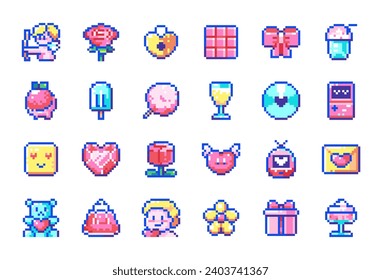 Iconos de San Valentín de Arte Pixel. Amor Pixelado de 8 bits y pegatinas románticas - Cupido, Flor, Chocolate, Bloqueo del Corazón, Bow, Candy de Algodón, Fresa, Caja de Regalo, Consola de agenda electrónica de juegos, Jewel, Juguete de Encanto, Crema de Hielo