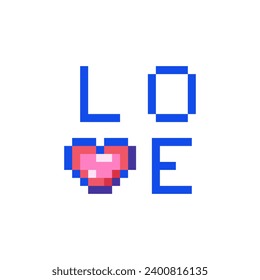 Pixel art Valentine Love Sign. Vector Pixel 8bit Love Text with Heart. 80s 90s Retro Game Decor For Valentine's Day. Pixelated Sticker Sign Illustration on white background.	