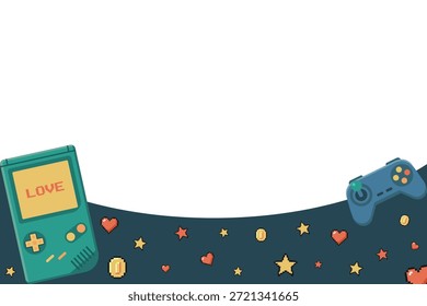 Pixel art Valentine's Day background with bottom border copy space. Gamer template featuring retro console, controller, and hearts. Vector flat design layout for boy-friendly banner or party card and much more.