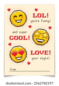 Pixel Art Valentines Day card. 8 bit emoticon faces. Cute lovely emoji icons. 80s, 90s arcade game style. Yellow smiley blush faces with romantic hearts. Vector illustration.