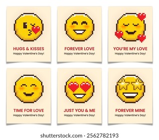 Pixel Art Valentines Day greetings cards set. 8 bit emoticon faces. Cute lovely emoji icons. 80s, 90s arcade game style. Yellow smiley blush faces with romantic hearts. Vector illustration.