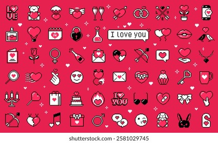 Pixel art Valentines day icon set with Y2K aesthetic in retro 8-bit style. Includes hearts, gifts, rings, arrows, and love messages. Romantic design for holiday and love projects