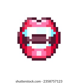 Lips de vampiros de arte de píxeles. Estilo Retro 8bit Halloween Ilustración de los labios y angs femeninos de vampiros. Ideal para Sticker, Retro Decorativo Elemento de Videojuego, Juego Activo, Emoji, Avatar o Cute Geek Patch.	