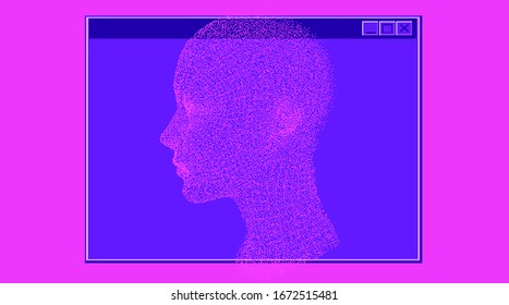 Pixel art vaporwave retro style illustration with human head made of particles. Concept of Artificial intelligence, Machine learning and Cybernetics.