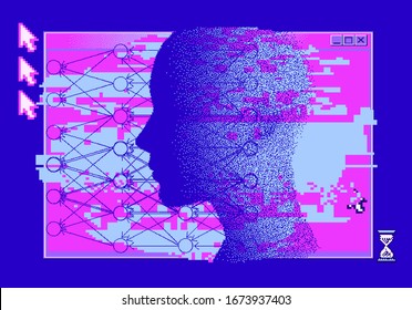 Pixel art vaporwave retro style illustration with human head made of particles. Concept illustration of Artificial intelligence, Machine learning and Cybernetics.