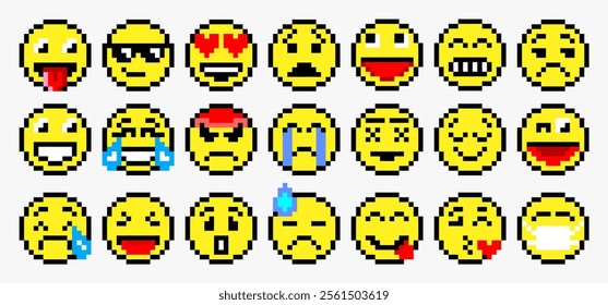 Pixel art of various emoticon. Pixelated emoji pack. Set of emoticons pixel art. Various faces. 