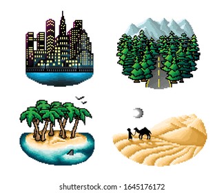 Pixel art various landscapes vector icon set. Different places and biomes around the world illustration.