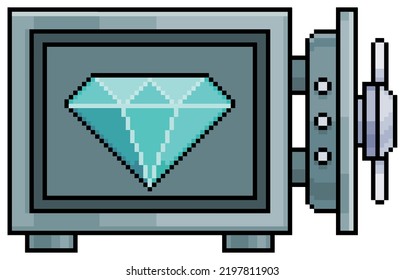 Pixel Art Vault With Diamond, Open Vault Safe Box Vector Icon For 8bit Game On White Background 