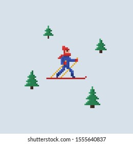 Pixel vectorial ilustración de 8 bits - hombre con sombrero rojo y chaqueta azul esquí y árboles de Navidad con fondo azul claro