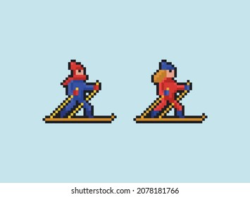 Pixel art vector 8 bit illustration - man and woman in sport jackets skiing on light blue background