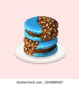 Pixel art vector, 8bit game style, Dark chocolate macarons half dip with chocolate and nutty on plate, Bakery, Pink background