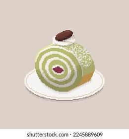 Pixel art vector, 8bit game style, Matcha roll with red bean inside and topping with icing, cream and chocolate, Bakery, Light brown background