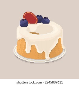 Vector de arte de píxeles, estilo de juego de 8 bits, torta de castella con chocolate y arándano, fondo marrón claro