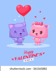 Pixel art. Vector cartoon illustration of couple cute cats.  Idea for greeting card with Happy Wedding or Valentines Day. Cartoon vector illustration. Eps 10