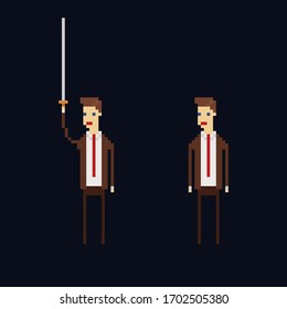 Pixel Art Vektorillustration Charakter - Cartoon männliche Büroangestellte mit einer braunen Suite, roter Krawatte und einem Schwert. Einzelne 8-Bit-Illustration