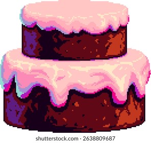 Pixel art vector of a chocolate cake with pink icing. Clean and isolated for use in games, interfaces, or creative projects.