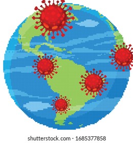 Pixel vectores de arte Coronavirus Icono de células bacterianas y Tierra, 2019-nCoV COVID-19. Virus Pixel art 8 bits. 