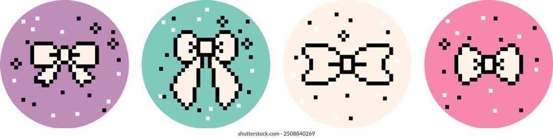 Pixel art vector design elements. Bow, knot, gift, ribbon. Abstract cute hair braiding accessory. Y2k trendy playful pixelated stickers. Mood of 90's aesthetics. 8-bit retro style vector illustration