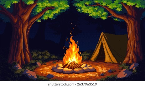 Pixel art vector of a forest campsite at night with a burning campfire and a tent under trees. Warm light contrasts with the dark background. Stylized and atmospheric scene.
