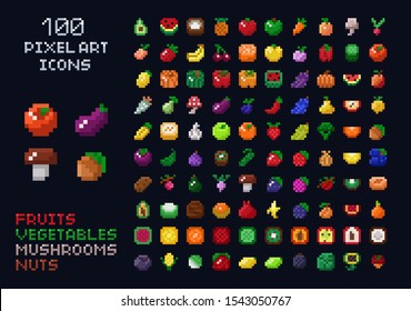 Pixel art vector game design icon video game interface set. Fruits, vegetables, mushrooms, nuts. Isolated retro arcade game design 8x8 items