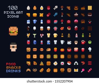 Pixel art vector game design icon video game interface set. Food items - fastfood, drinks, sweets, snacks, alcohol, bakery. Isolated retro arcade game design 8x8 items