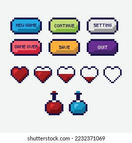 Pixel art vector game design icon video game interface set