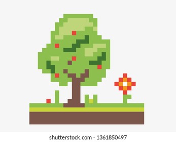 pixel art vector green tree, flowers and ground