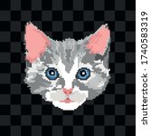 Pixel art vector grey tabby cat icon isolated on black background