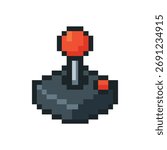Pixel art vector icon of a classic retro joystick with an orange top. Perfect 8-bit video game asset, sticker, or symbol for gaming and technology projects.
