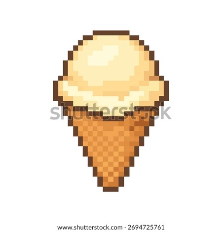 Pixel art vector icon of a classic ice cream cone. Perfect 8-bit retro game asset, sticker, or symbol for dessert, fast food, and sweet food projects.