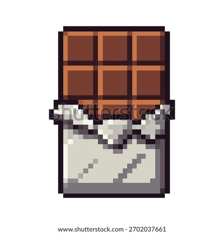 Pixel art vector icon of a classic square chocolate bar partially unwrapped. Perfect 8-bit retro game asset, sticker, or symbol for candy and sweet food projects.