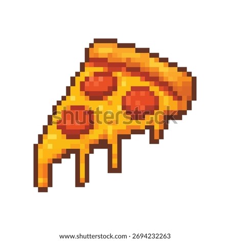Pixel art vector icon of a delicious pizza slice with dripping cheese and pepperoni. Perfect 8-bit retro game asset for fast food and Italian food projects.